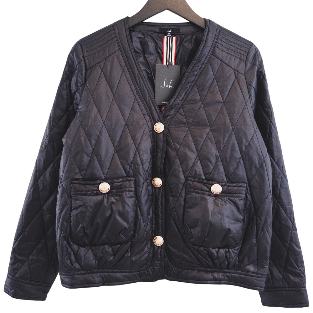NWT Joh Apparel Quilted Puffer Jacket Womens M Black‎ Gold Old Money Style New